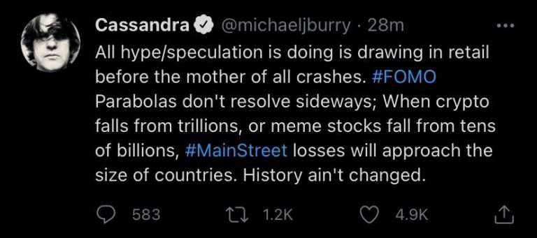 Burry main street loses tweet